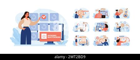 Set Hyperfocus. Capacità di concentrazione e concentrazione. Autodisciplina e gestione del tempo. Organizzazione per l'efficienza delle prestazioni. Illustrazione vettoriale piatta Illustrazione Vettoriale