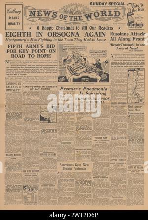 1943 News of the World in prima pagina riportante l'ottava Armata a Orsogna, l'avanzata dell'Armata Rossa sul fronte orientale e Churchill soffre di polmonite Foto Stock