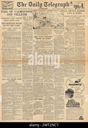 1944 la prima pagina del Daily Telegraph riportava la battaglia per Roma, la cattura di Valmontone e Velletri, l'assalto tedesco al quartier generale di Tito e il disastro ferroviario di Soham Foto Stock