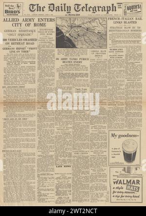 1944 la prima pagina del Daily Telegraph riporta che gli eserciti alleati catturano Roma Foto Stock