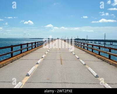 Sezione pedonale e ciclistica del vecchio Seven Mile Bridge nelle Florida Keys. Storico ponte chiuso ai veicoli a motore. Foto Stock