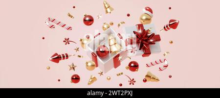 Banner di Natale. Design natalizio di sfondo con luci scintillanti, ghirlande, con coriandoli dorati brillanti realistici. Poster quadrato di Capodanno, biglietto d'auguri Foto Stock