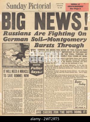 1944 Sunday Pictorial in prima pagina riportante che gli Alleati tagliarono fuori la penisola della Bretagna e l'Armata Rossa avanzò nella Prussia Orientale Foto Stock