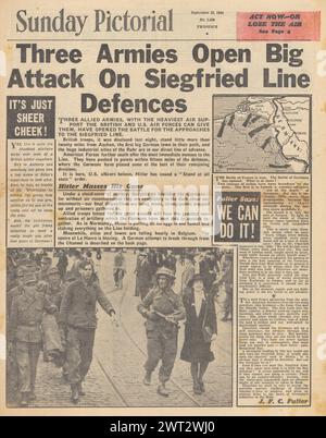 1944 Sunday Pictorial in prima pagina riportante l'attacco degli eserciti alleati alla linea Sigfrido Foto Stock