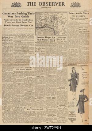 1944 la prima pagina dell'osservatore riporta che le forze canadesi entrano a Calais Foto Stock