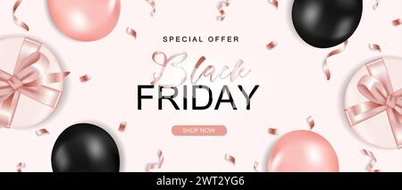 Banner a saldi orizzontale Black friday con palloncini lucidi realistici, confezione regalo e testo del nastro su sfondo rosa. Illustrazione vettoriale Illustrazione Vettoriale