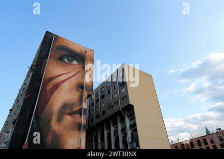 Una veduta dei murales giganti, raffiguranti il rivoluzionario che Guevara, dell'artista Jorit Agoch, su un edificio del San Giovanni a Teduccio, un distr Foto Stock