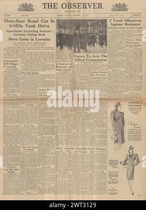 1944 la prima pagina di The Observer riporta il piano di pace francese, l'avanzata della terza Armata americana su Metz e Winston Churchill a Parigi Foto Stock