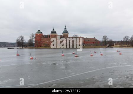 castello gripsholm dall'altra parte del lago mälaren in primavera Foto Stock