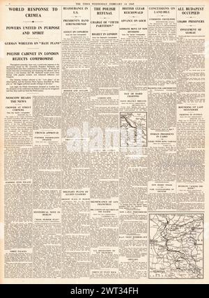 1945 The Times riportava la Conferenza di Yalta, l'Armata Rossa catturò Budapest e le forze britanniche liberarono Reichswald Foto Stock