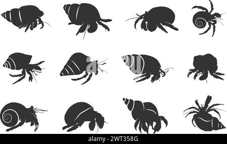 Silhouette di granchio eremita, granchio eremita, silhouette eremita, illustrazione vettoriale del granchio eremita Illustrazione Vettoriale