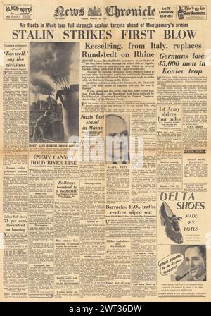 1945 News Chronicle in prima pagina riportava la cortina di fumo alleata sul Reno, Kesselring sostituisce von Rundstedt e l'Armata Rossa a Oppeln Foto Stock