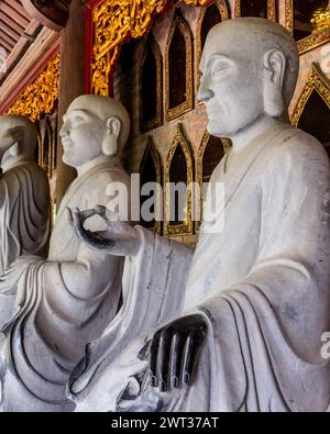 Primo piano di una delle tante statue buddiste in pietra nel complesso pagoda del tempio Bai Dinh a Ninh Binh, nel nord del Vietnam. Foto Stock