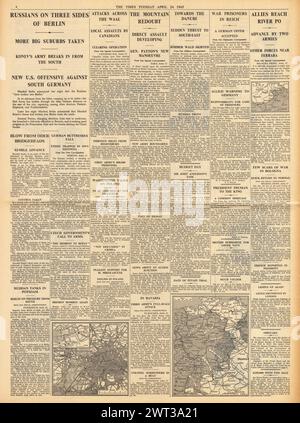 1945 The Times riportava la battaglia per Berlino, liberando i prigionieri di guerra alleati e le forze americane vicino a Berchtesgaden Foto Stock