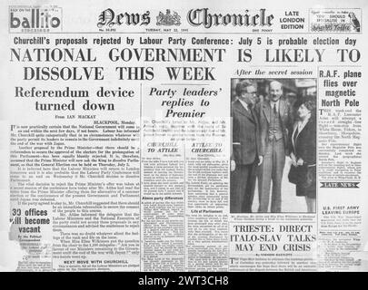 1945 News Chronicle in prima pagina che riporta che il governo si scioglie per le elezioni Foto Stock