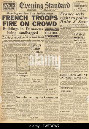 1945 Evening Standard in prima pagina che riporta disordini in Siria Foto Stock