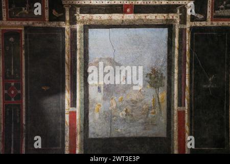 Una vista di uno degli affreschi della restaurata Orchard House, situata negli scavi archeologici di Pompei. Foto Stock