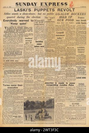 1945 la prima pagina di Sunday Express riporta le elezioni generali e Attlee e Laski Foto Stock