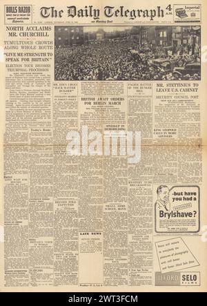 1945 la prima pagina del Daily Telegraph riportava la campagna elettorale di Churchill Foto Stock