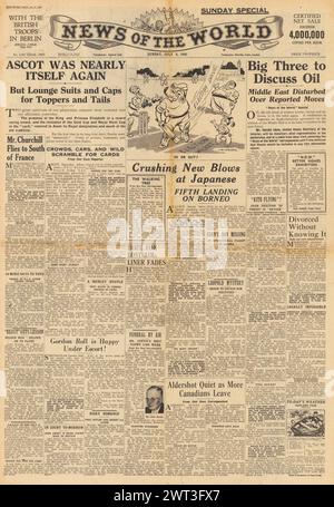 1945 la prima pagina di News of the World riporta i tre grandi per discutere del petrolio, Royal Ascot, Search for Missing Liberator in Atlantic and Canadian Troops lasciano Aldershot Foto Stock