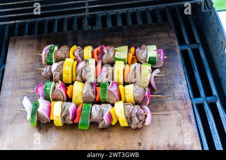 Delizie alla griglia: Manzo e verdure sfrigolanti sullo spiedino Foto Stock