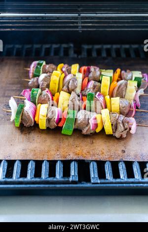Delizie alla griglia: Manzo e verdure sfrigolanti sullo spiedino Foto Stock
