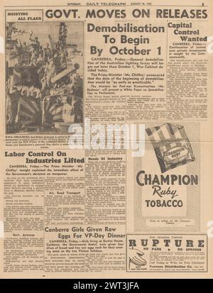 1945 la prima pagina del Daily Telegraph riporta la smobilitazione in Australia Foto Stock