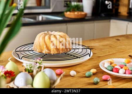 Torta pasquale tradizionale o pane dolce con condimento e glassa sul tavolo in cucina con decorazioni pasquali. Regalo di Pasqua. Foto Stock