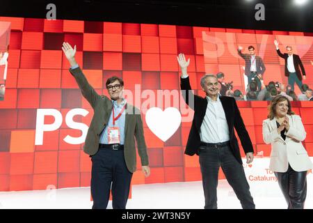 Barcellona, Spagna. 15 marzo 2024. Il XV congresso del PSC, il Partito Socialista in Catalogna, membro del PSOE, iniziò. All'inaugurazione era presente l'ex presidente spagnolo Jos Luis Rodr'guez Zapatero, in coincidenza con il ventesimo anniversario della sua inaugurazione, nonché la presenza del sindaco di Barcellona, Jaume Collboni. Il congresso coincise con la convocazione anticipata per le elezioni in Catalogna, dove il PSC è favorito per vincere le elezioni. Comienza el 15¼ congreso del PSC, el Partido Socialista de Catalu-a, miembro del PSOE. EN la inauguraci-n ha contado con la presencia del expr Foto Stock