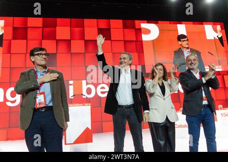 Barcellona, Spagna. 15 marzo 2024. Il XV congresso del PSC, il Partito Socialista in Catalogna, membro del PSOE, iniziò. All'inaugurazione era presente l'ex presidente spagnolo Jos Luis Rodr'guez Zapatero, in coincidenza con il ventesimo anniversario della sua inaugurazione, nonché la presenza del sindaco di Barcellona, Jaume Collboni. Il congresso coincise con la convocazione anticipata per le elezioni in Catalogna, dove il PSC è favorito per vincere le elezioni. Comienza el 15¼ congreso del PSC, el Partido Socialista de Catalu-a, miembro del PSOE. EN la inauguraci-n ha contado con la presencia del expr Foto Stock