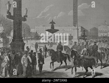 Guerra franco-prussiana (1870-1871). Assedio di Parigi (dal 19 settembre 1870 al 28 gennaio 1871). Parigi. I tedeschi in Place de la Concorde. Disegno di Miranda. Incisione. Historia de la Guerra de Francia y Prusia (storia della guerra tra Francia e Prussia). Volume II Pubblicato a Barcellona, 1871. Autore: Fernando Miranda. Disegnatore spagnolo del XIX secolo. Foto Stock