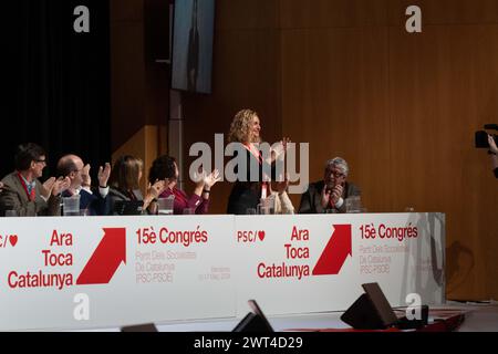 Barcellona, Spagna. 15 marzo 2024. Si conclude il primo giorno del 15° congresso del Partito Socialista Catalano (PSC), dove domani Salvador Illa sarà ratificato come segretario generale e candidato del partito per le prossime elezioni catalane. Oltre al candidato stesso, anche l'ex primo ministro spagnolo Jose Luis Rodriguez Zapatero e il sindaco di Barcellona Jaume Collboni hanno partecipato all'evento. Finaliza el primer d'a del 15¼ congreso del Partido de los Socialistas de Catalu-a (PSC), donde ma-ana ratificar‡n a Salvador Illa como secretario General y candidato del partido en Foto Stock