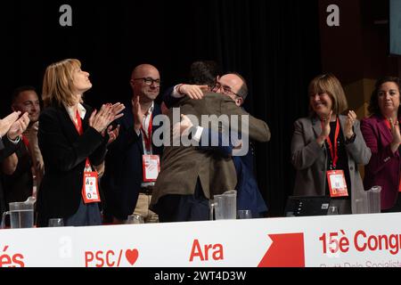 Barcellona, Spagna. 15 marzo 2024. Si conclude il primo giorno del 15° congresso del Partito Socialista Catalano (PSC), dove domani Salvador Illa sarà ratificato come segretario generale e candidato del partito per le prossime elezioni catalane. Oltre al candidato stesso, anche l'ex primo ministro spagnolo Jose Luis Rodriguez Zapatero e il sindaco di Barcellona Jaume Collboni hanno partecipato all'evento. Finaliza el primer d'a del 15¼ congreso del Partido de los Socialistas de Catalu-a (PSC), donde ma-ana ratificar‡n a Salvador Illa como secretario General y candidato del partido en Foto Stock