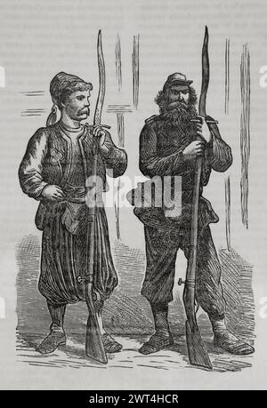 Francia. Comune di Parigi. Movimento rivoluzionario popolare che prese il potere a Parigi dal 18 marzo al 28 maggio 1871, durante la guerra franco-prussiana. Soldati della comune. Incisione. Historia de la Guerra de Francia y Prusia (storia della guerra tra Francia e Prussia). Volume II Pubblicato a Barcellona, 1871. Foto Stock