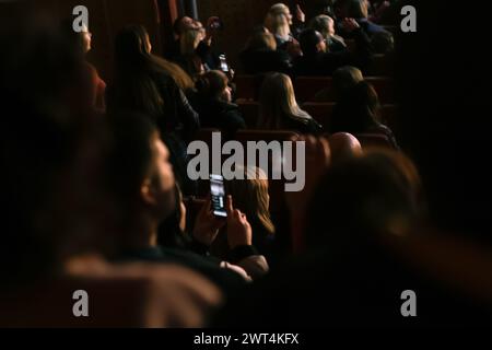 Gli spettatori si siedono nella sala e guardano un concerto. Persone nell'auditorium che guardano lo spettacolo. Sfocato. Fuori fuoco. Foto Stock