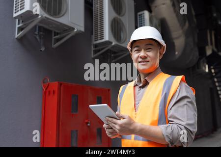 Un ingegnere asiatico sicuro sorride con elmetto e giubbotto riflettente mentre tiene in mano un tablet digitale, accanto alle unità HVAC. Foto Stock