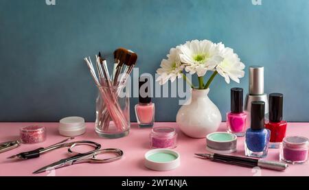 Set decorativo di prodotti cosmetici, per il trucco e per la manicure su una tavoletta rosa con spazio per le copie Foto Stock