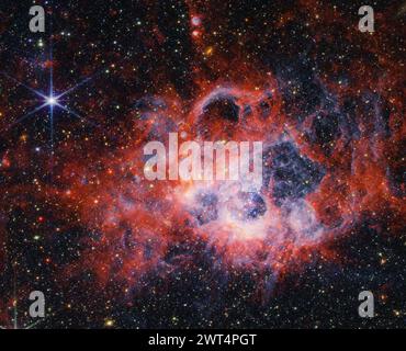 Questa immagine, rilasciata lunedì 11 marzo 2024, dal James Webb Space Telescope della NASA NIRCam (Near Infrared camera) della regione di formazione stellare NGC 604 mostra come venti stellari provenienti da giovani stelle brillanti e calde ritagliano le cavità nel gas e nella polvere circostanti. NGC 604 si trova nella galassia del Triangulum (M33), a 2,73 milioni di anni luce dalla Terra. Consente agli astronomi di studiare un'alta concentrazione di stelle molto giovani e massicce in una regione vicina. CREDITI: NASA, ESA, CSA, STSCI Foto Stock