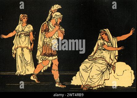 Illustrazione d'epoca mitologia romana, Enea e l'ombra di Dido, Eneide un poema epico latino che racconta la leggendaria storia di Enea, un troiano che fl Foto Stock