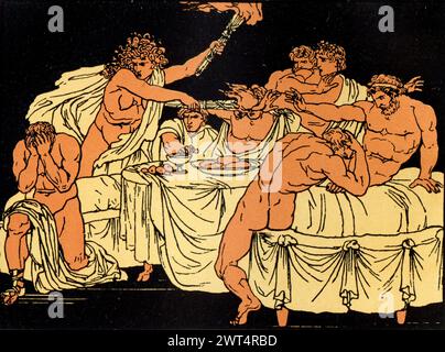 Illustrazione d'epoca mitologia romana, la furia alla festa, Eneide un poema epico latino che racconta la leggendaria storia di Enea, un troiano fuggito dal Foto Stock