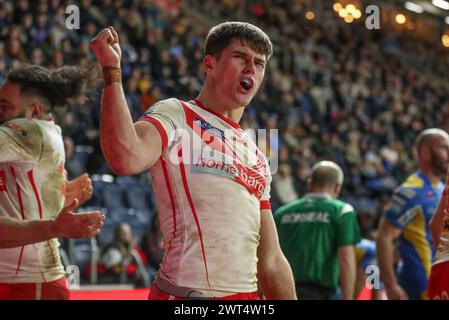 Jon Bennison di St Helens celebra la sua prova durante la partita del quinto turno della Super League Betfred Leeds Rhinos vs St Helens all'Headingley Stadium di Leeds, Regno Unito, 15 marzo 2024 (foto di Alfie Cosgrove/News Images) Foto Stock