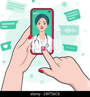 Consultazione online con un medico. Videochiamata con un medico. Servizi medici online, consulenza e telemedicina. Illustrazione Vettoriale