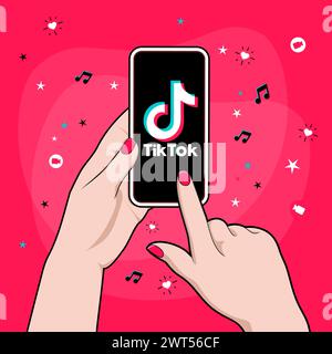 Mano di donna che tiene lo smartphone con il logo TikTok sullo schermo. Intrattenimento breve video social network. Illustrazione vettoriale con concetto adolescenziale. Illustrazione Vettoriale