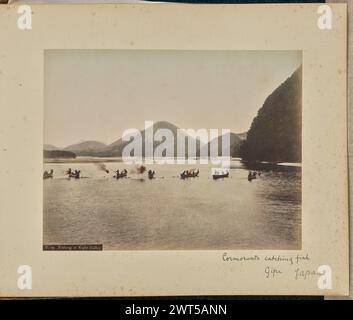 Pesca notturna (Gifu). Sconosciuto, fotografo 1875–1897 Cormorant pesca sul fiume Nagara a Gifu. Un certo numero di persone sono a bordo di sette piccole barche in acqua, alcune delle quali hanno un incendio attaccato alla parte anteriore delle barche. Anche alcuni cormorani possono essere visti accanto alle barche. (Recto, stampa) in basso a sinistra, stampato in negativo: 'P.19 pesca di notte (Gifu).'; (retto, Mount) in basso a destra, in inchiostro nero: 'Cormorunts [sic] Catching fish / Gifu [space] Japan'; Foto Stock