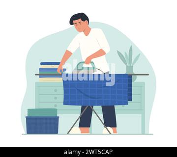 Uomo che stirava vestiti con ferro elettrico a casa per lavori domestici illustrazione del concetto Illustrazione Vettoriale