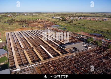 Aerea dei Roma Saleyards, il più grande centro di vendita di bestiame australiano, con oltre 400.000 capi di bestiame che passano attraverso un anno. Roma, Queensland, Australia Foto Stock