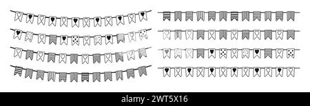 Festeggia il set di scarabocchi per grappare ghirlande appese. Feste di compleanno o bandiere per l'anniversario di san valentino isolate su sfondo bianco. Illustrazione vettoriale della decorazione del bordo per festività o anniversario di Natale Illustrazione Vettoriale