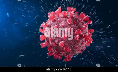 Coronavirus circondato da molecole di sapone, illustrazione concettuale. Le molecole di sapone hanno una testa idrofila (che ama l'acqua) e una coda idrofobica (che ama il grasso), che è attratta dall'involucro lipidico del virus e rompe la membrana lipidica e le molecole di spike. Foto Stock