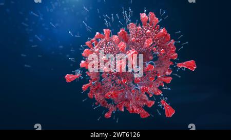 Molecole di sapone che distruggono un coronavirus, illustrazione concettuale. Le molecole di sapone hanno una testa idrofilica (che ama l'acqua) (blu) e una coda idrofobica (che ama il grasso) (bianca), che è attratta dall'involucro lipidico del virus e rompe la membrana lipidica e le molecole di spike. Foto Stock