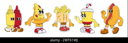 I personaggi dei fast food sono isolati su sfondo bianco. Illustrazione vettoriale di mascotte retrò di ristoranti, ketchup e bottiglie di senape, pi Illustrazione Vettoriale